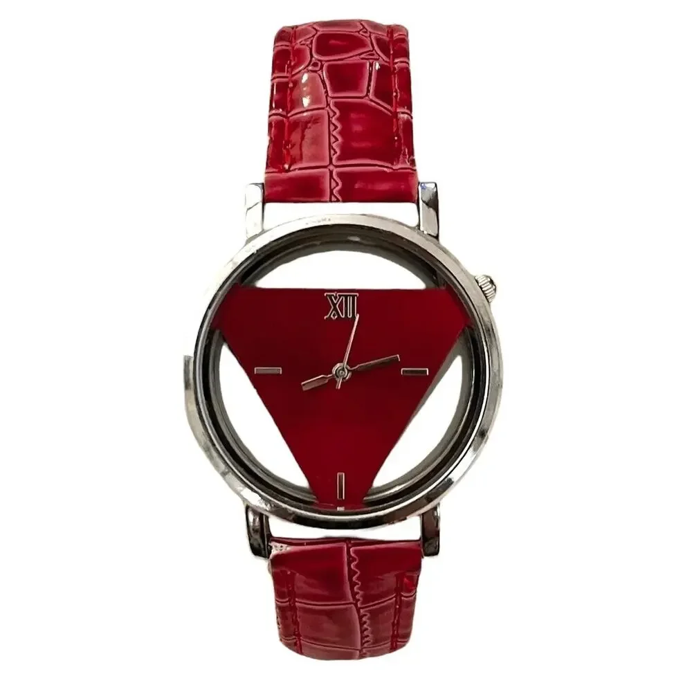 NEW CAY Women's Fashion Watch HOLLOWED FACE Triangular Dial RED FAUX LEATHER